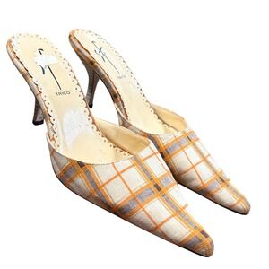 Y2K Plaid Pointed Toe Mule Kitten Heels Scalloped Trim Size 8.5